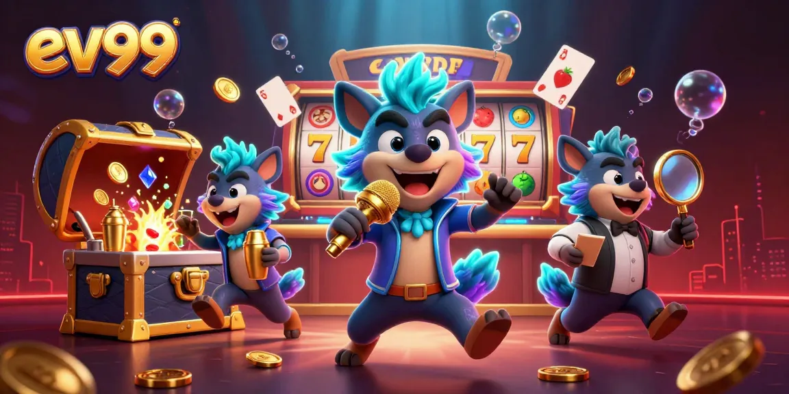 ev99 hyenas running a comedy casino club, featuring vibrant slot games and rich glowing details