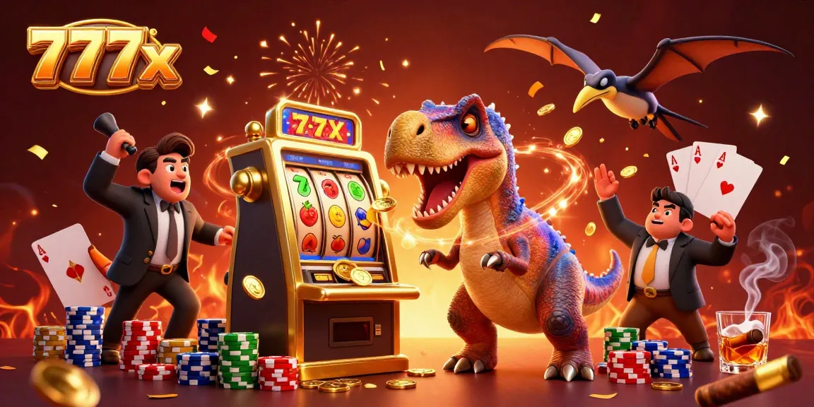 Experience 777x excitement with cartoon dinosaurs in an action-packed casino scene