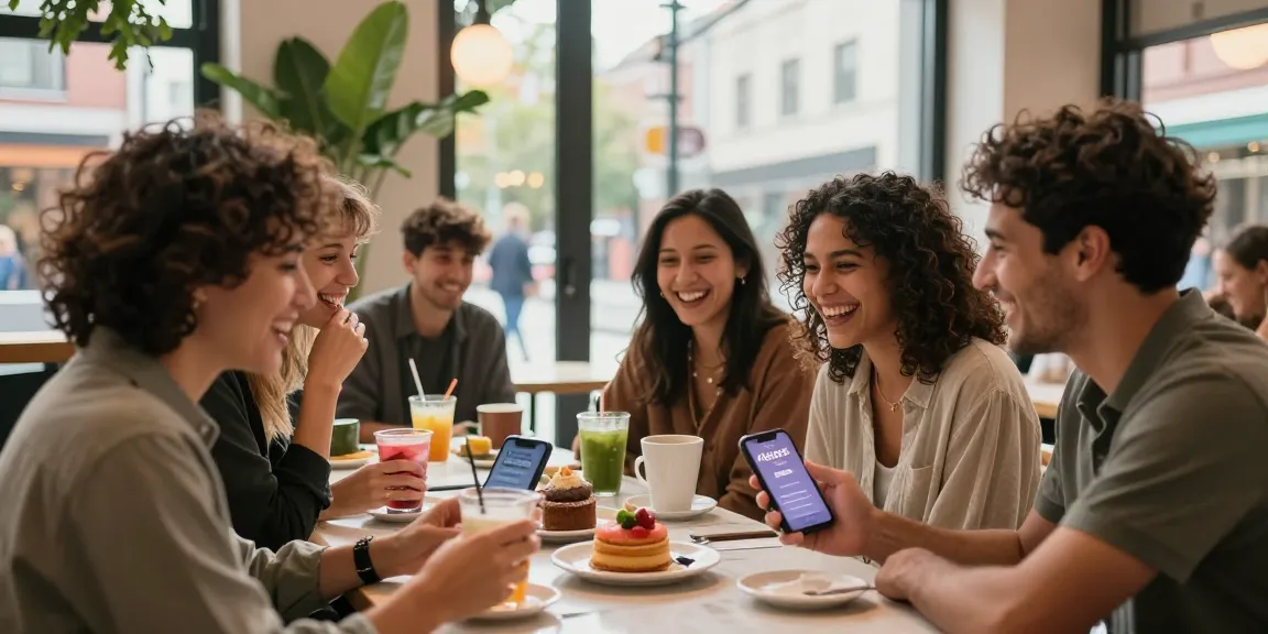 Friends enjoying fun moments discovering how old do I look at café.