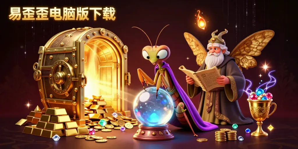 Engage with the intricate scene depicting易歪歪电脑版下载 showcasing a fortune teller and librarian amidst treasure, gems, and glowing energies.