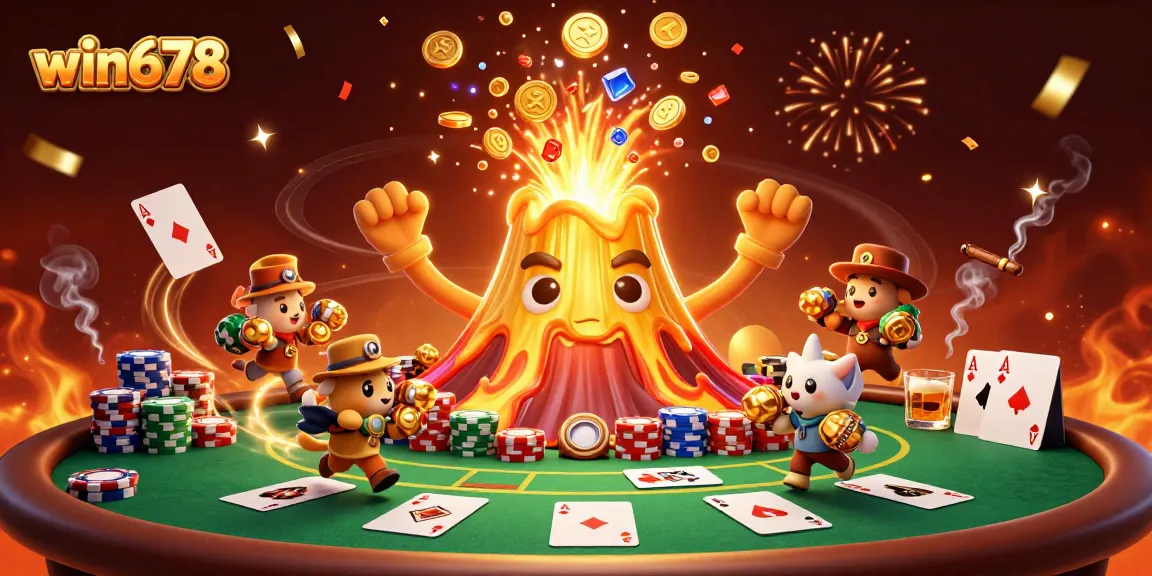 Win678 casino scene with a triumphant volcano, vibrant poker elements, and treasure in a colorful celebration.