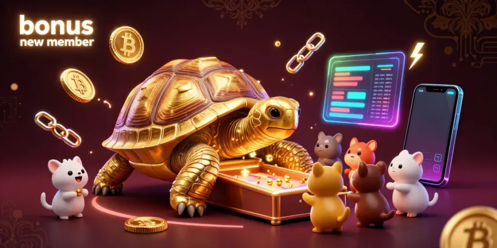 Experience the excitement of a bonus new member offer illustrated with a golden tortoise pinball machine and small animals, vibrant coins, and neon effects.