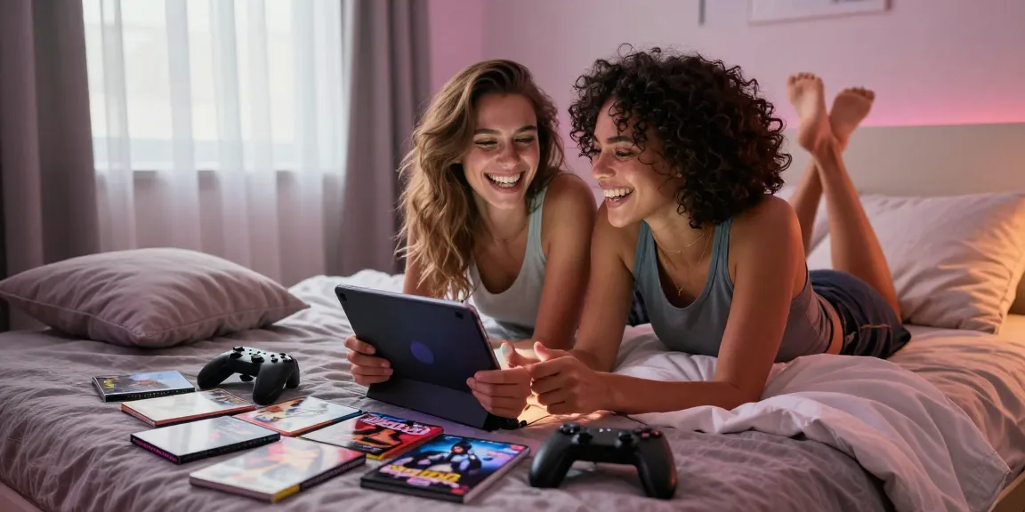Couple playing interactive sex games in a cozy bedroom setting, exploring their desires.