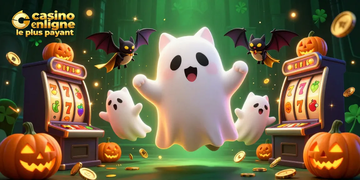 Vivez l'expérience du casino en ligne le plus payant avec un chat fantôme et un vampire, entourés de jackpots et de symboles de machines à sous.