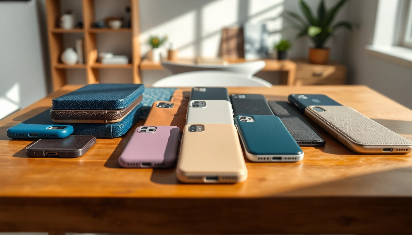 Explore unique designs from phone case wholesale suppliers on a stylish wooden backdrop.