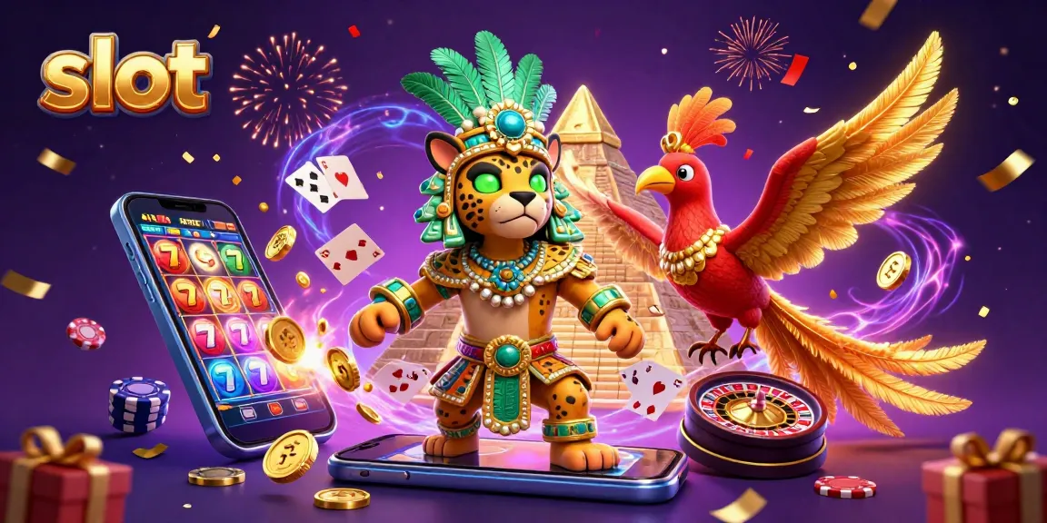 Spin vibrant slot games with the Mayan jaguar priest and the quetzal bird in a magical casino illustration.