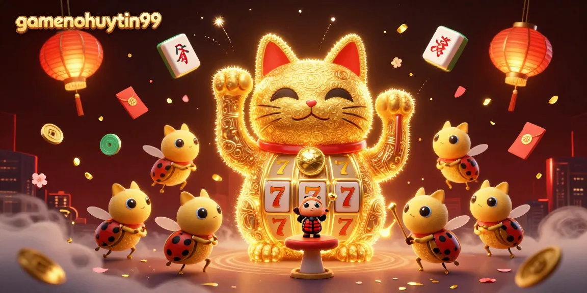 Experience the charm of gamenohuuytin99 with golden fireflies forming a lucky cat in a vibrant casino illustration.