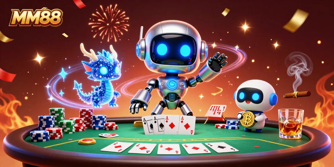 Experience MM88's vibrant gaming atmosphere with a holographic dragon and poker action.