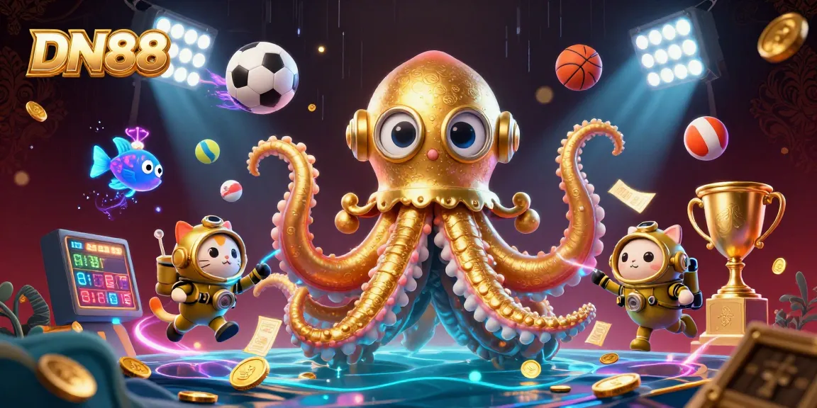 Win exciting bets at DN88 with a colossal kraken and vibrant casino elements in a thrilling scene.