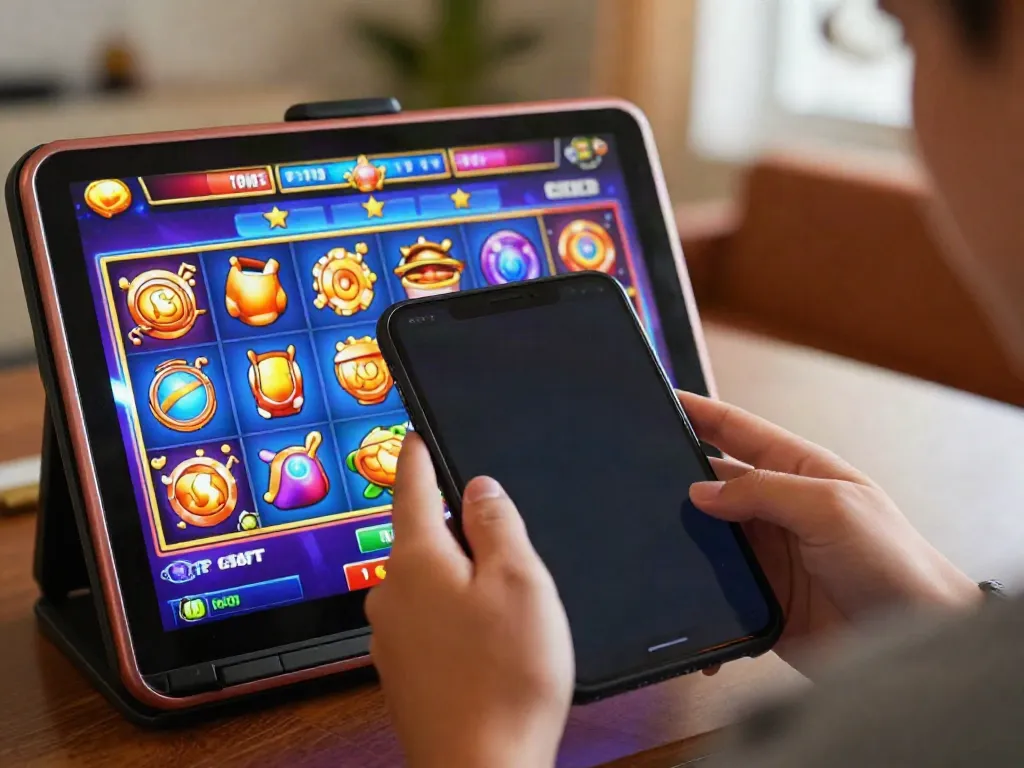 Engaging gaming experience with slot gacor thailand interface on a mobile device in a cozy setting.