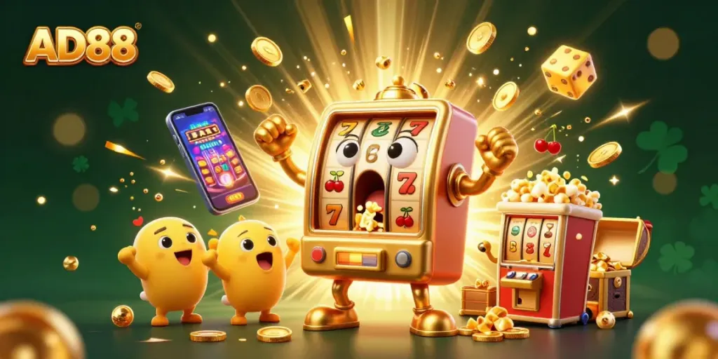 Spin the AD88 slot machine for big wins amidst flying coins and exciting casino elements!