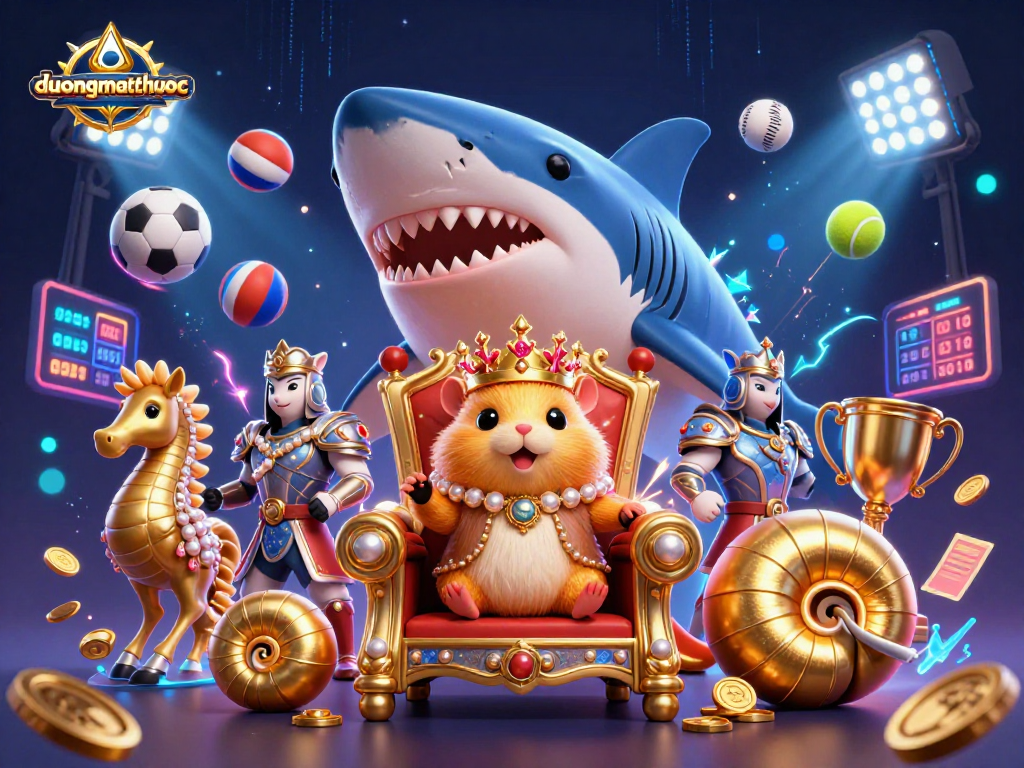 Engage with duongmatchuoc, a vibrant scene of a golden hamster king amidst a rich 3D casino environment.