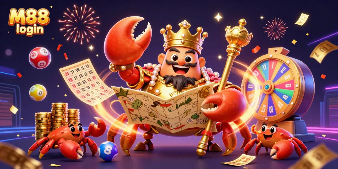Join the fun with M88 login at the casino, featuring a golden crab emperor and exciting gambling elements.