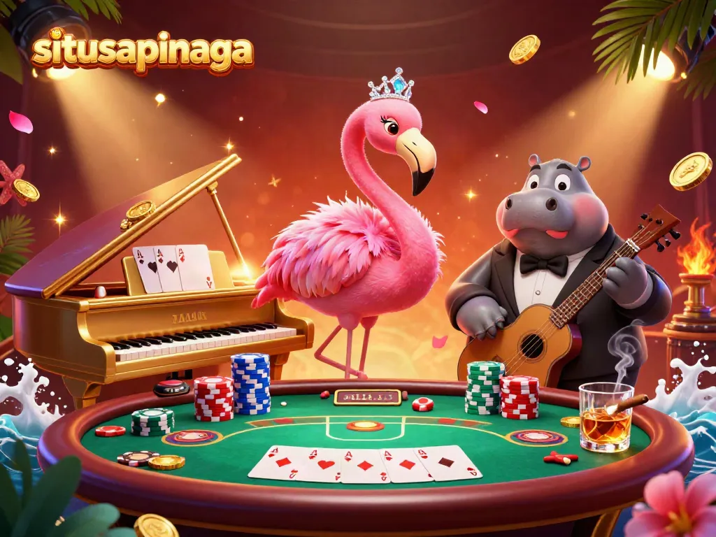 Experience the excitement of situsapinaga with glamorous casino elements featuring a flamingo singer and hippo bassist.