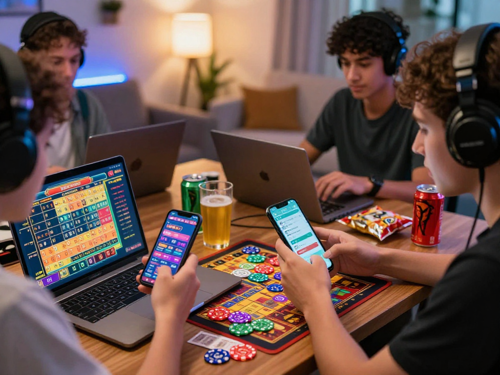 Dewatogel players immersed in an exciting online gaming experience with vibrant tokens and screens.