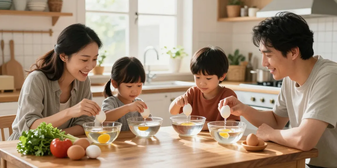 Menggunakan metode Egg Float Test Sumber dari https://www.eggfloattest.com/contact untuk memastikan kesegaran telur di dapur keluarga.