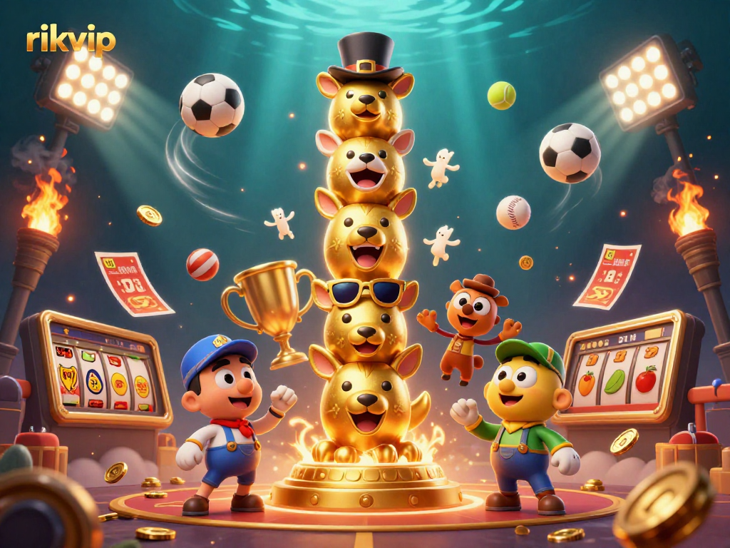 Experience vibrant gaming with rikvip's dynamic sports betting illustration featuring 3D totem and energetic elements.
