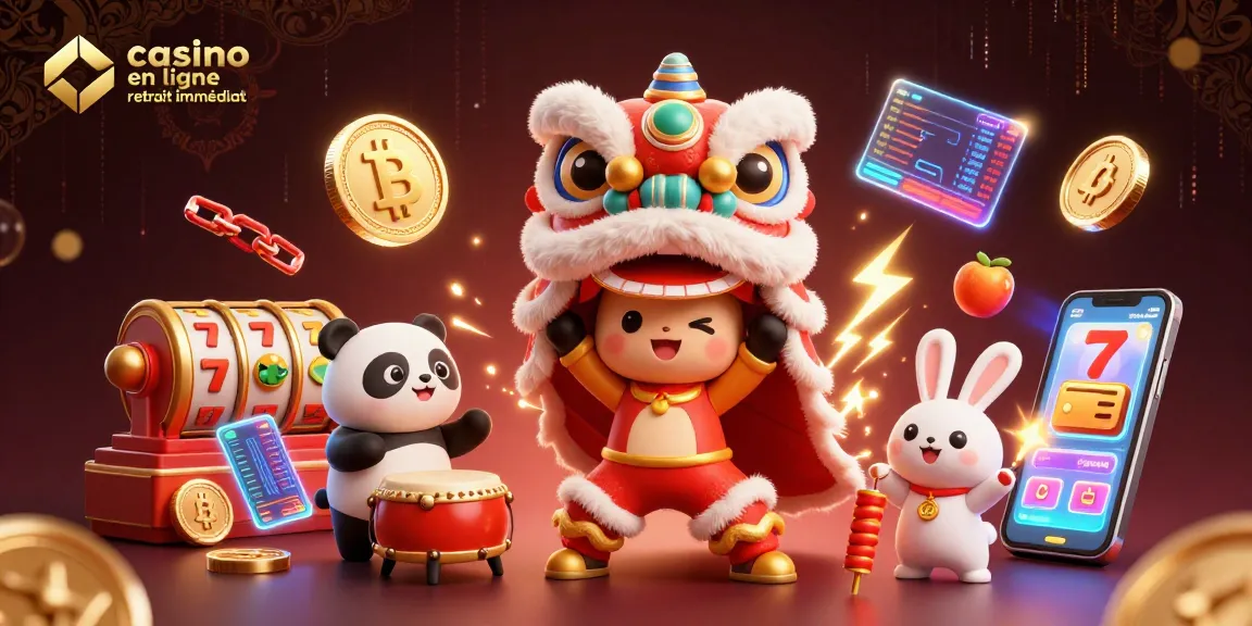Découvrez le casino en ligne retrait immédiat avec cette illustration animée d'une danse du lion et de symboles de machines à sous.