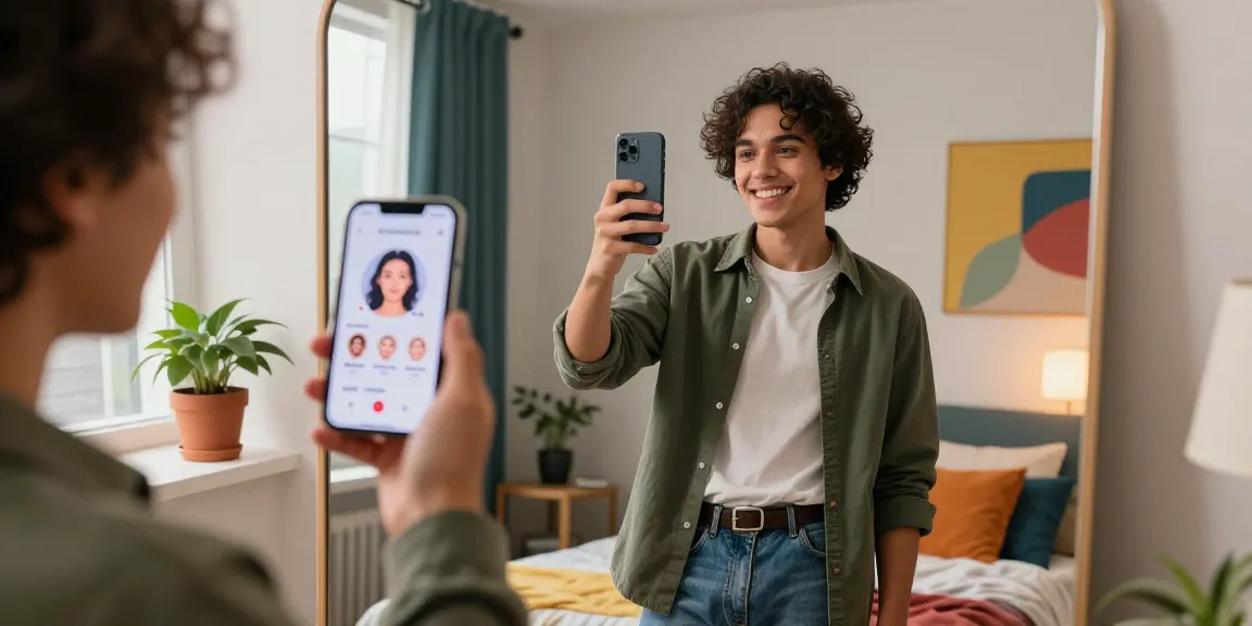 Young person taking an attractive test selfie, measuring beauty metrics with a smartphone app.