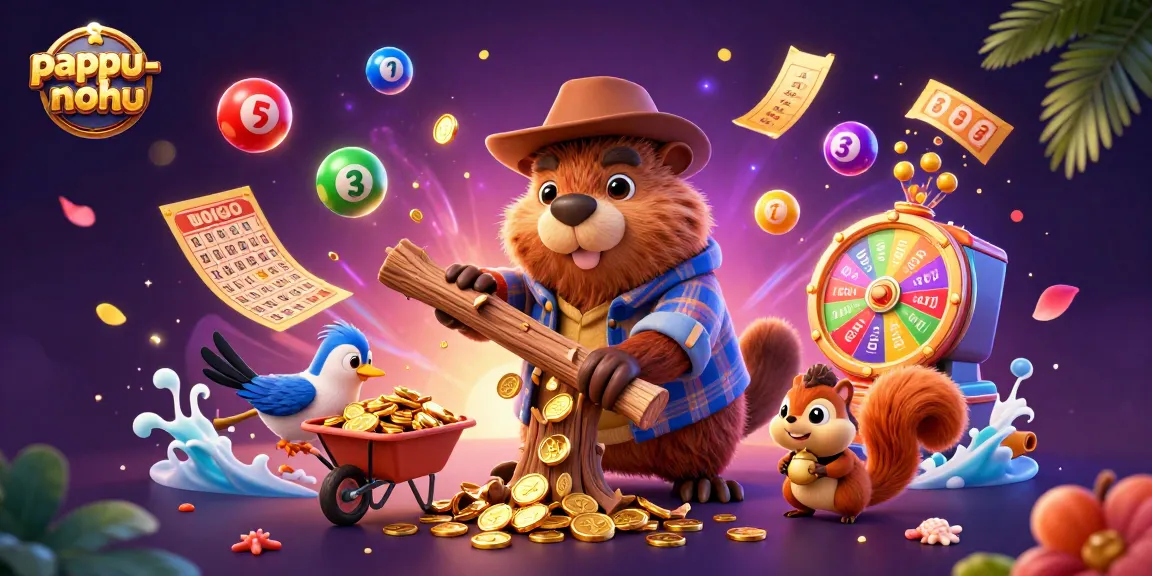 Join the excitement of pappu-nohu as a cartoon beaver chops a tree raining coins in this vibrant casino scene.