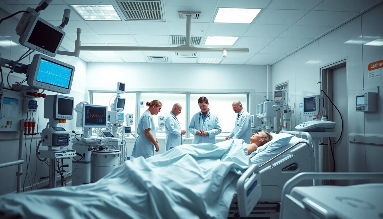 Medical professionals attending to patients in an Intensive Care Unit (ICU) setting, showcasing high-tech monitoring.