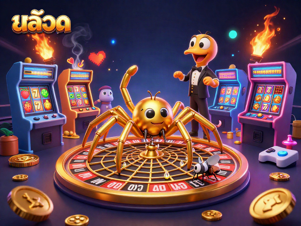 Experience the thrill of สล็อต with a colorful casino scene featuring spiders, bets, and jackpot symbols.