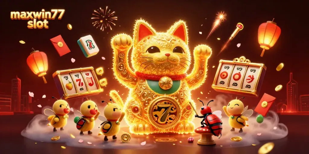 Experience the excitement of maxwin77 slot with a captivating 3D lucky cat and vibrant casino symbols.