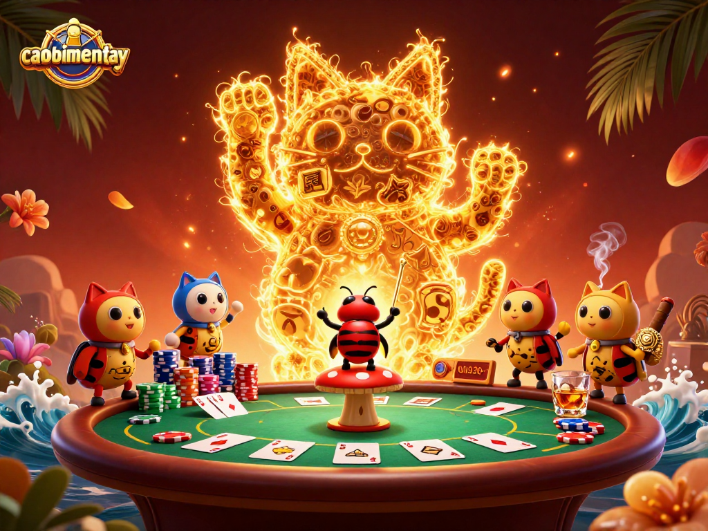 Experience caoboimientay through a vibrant scene with a lucky cat and dynamic poker elements.