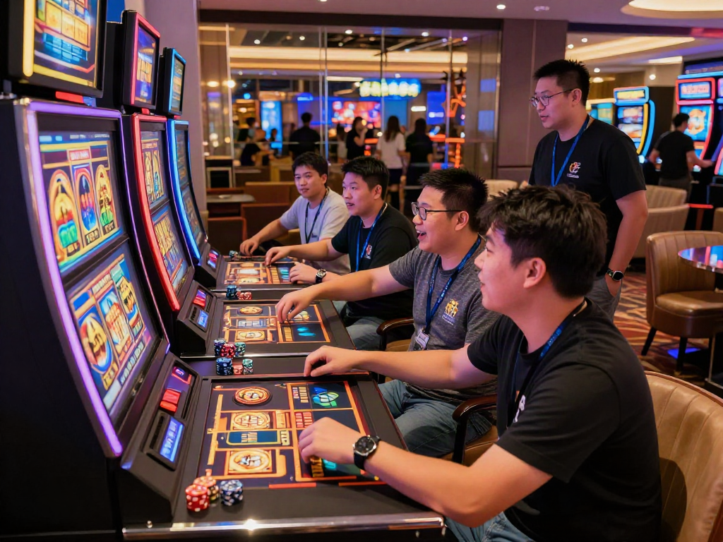 Engaging gaming scene with players interacting with agen slot machine in a vibrant casino atmosphere.