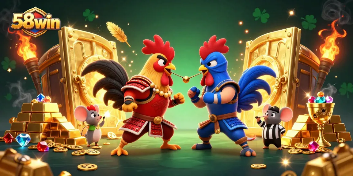 Engage with thrilling gameplay at 58win, where cartoon roosters duel in a dazzling treasure-filled arena.