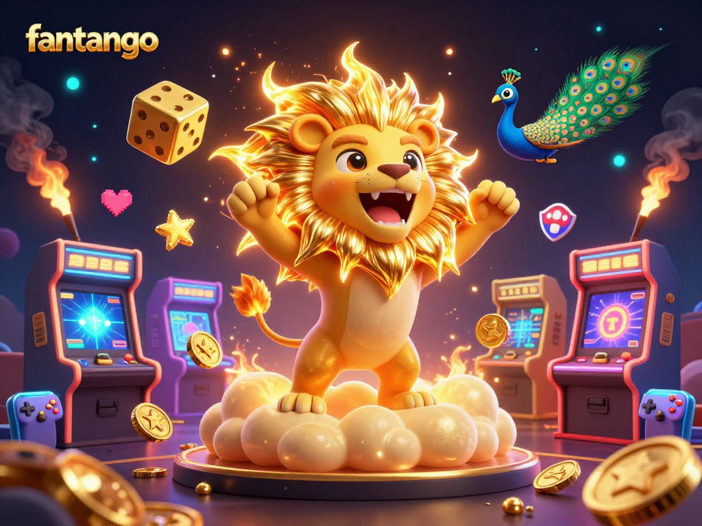 Experience the thrilling action of fantango with roaring sun lion and golden dice in a vibrant casino scene.