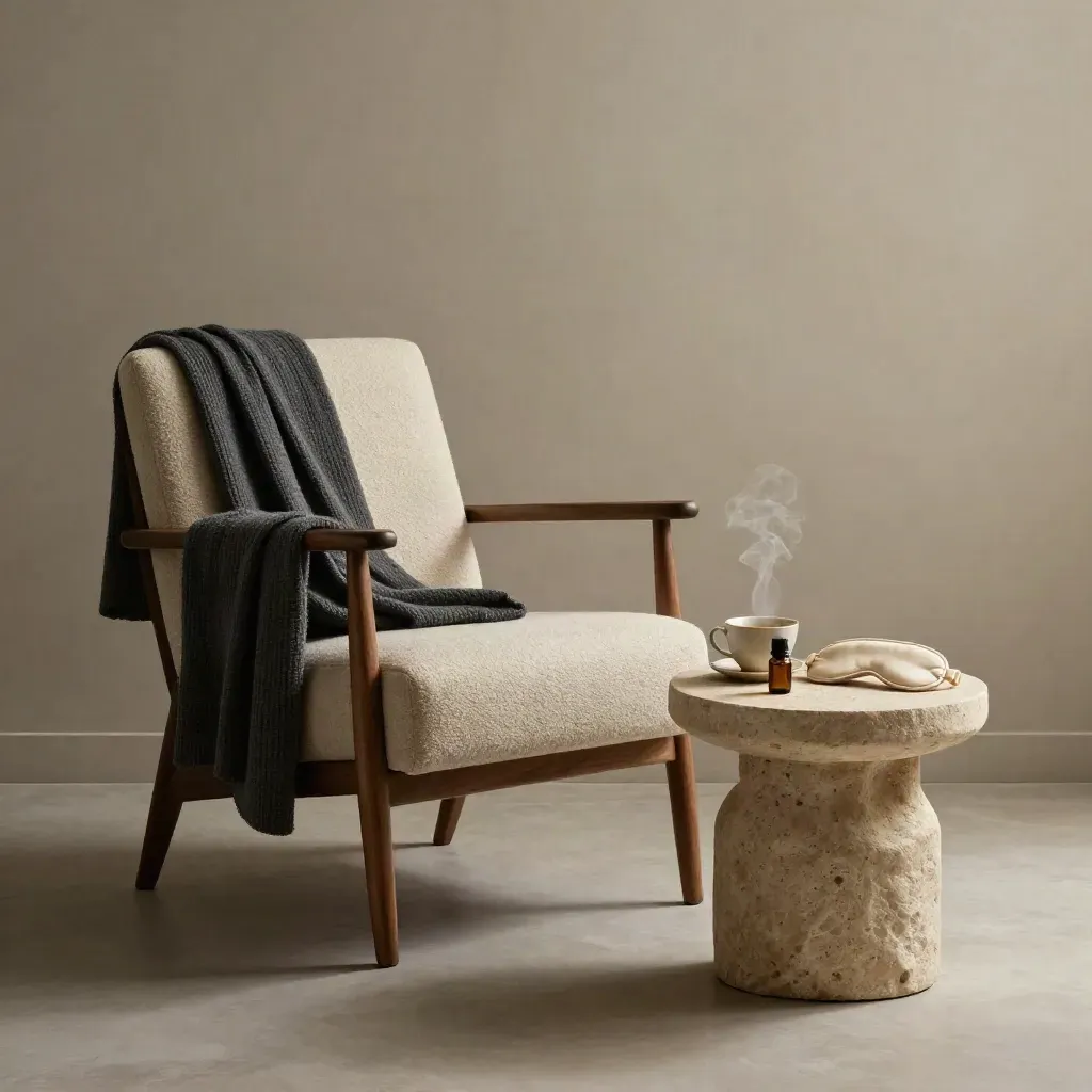 Quiet reading chair with tea, essential oil, and eye mask in a calm wellness nook.