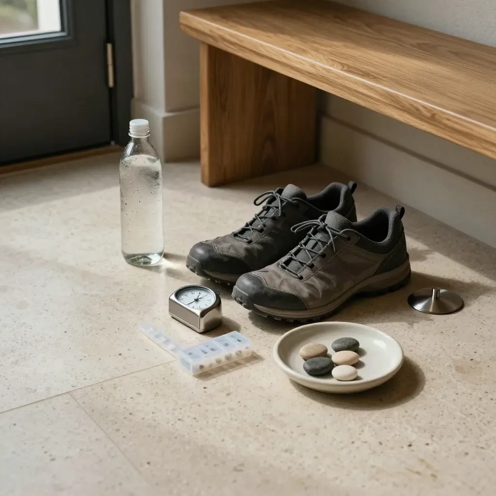 Entryway habit-tracking station with shoes, water bottle, timer, pill organizer, and tally dish