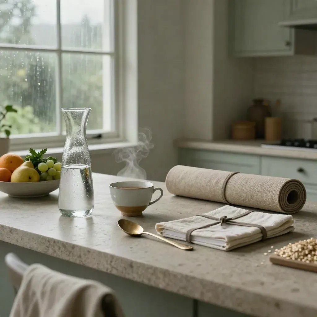 Post-rain wellness kitchen with carafe, produce, steam, mat, and warm morning light.