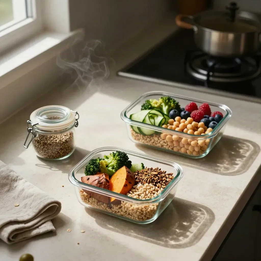 Overhead glass meal-prep bowls with grain, roasted vegetables, berries, and seeds on a stone counter