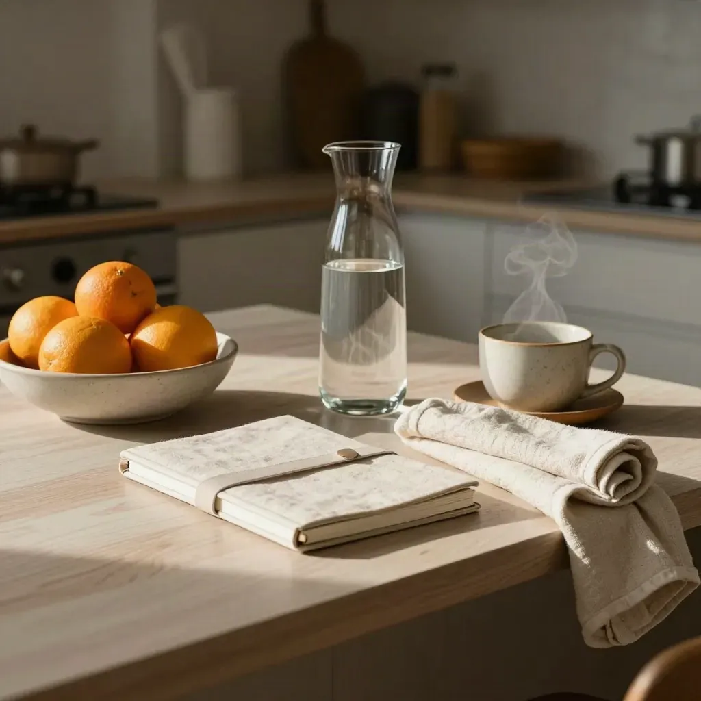 Sunlit kitchen island with citrus, carafe, notebook, towel, and rolled mat.