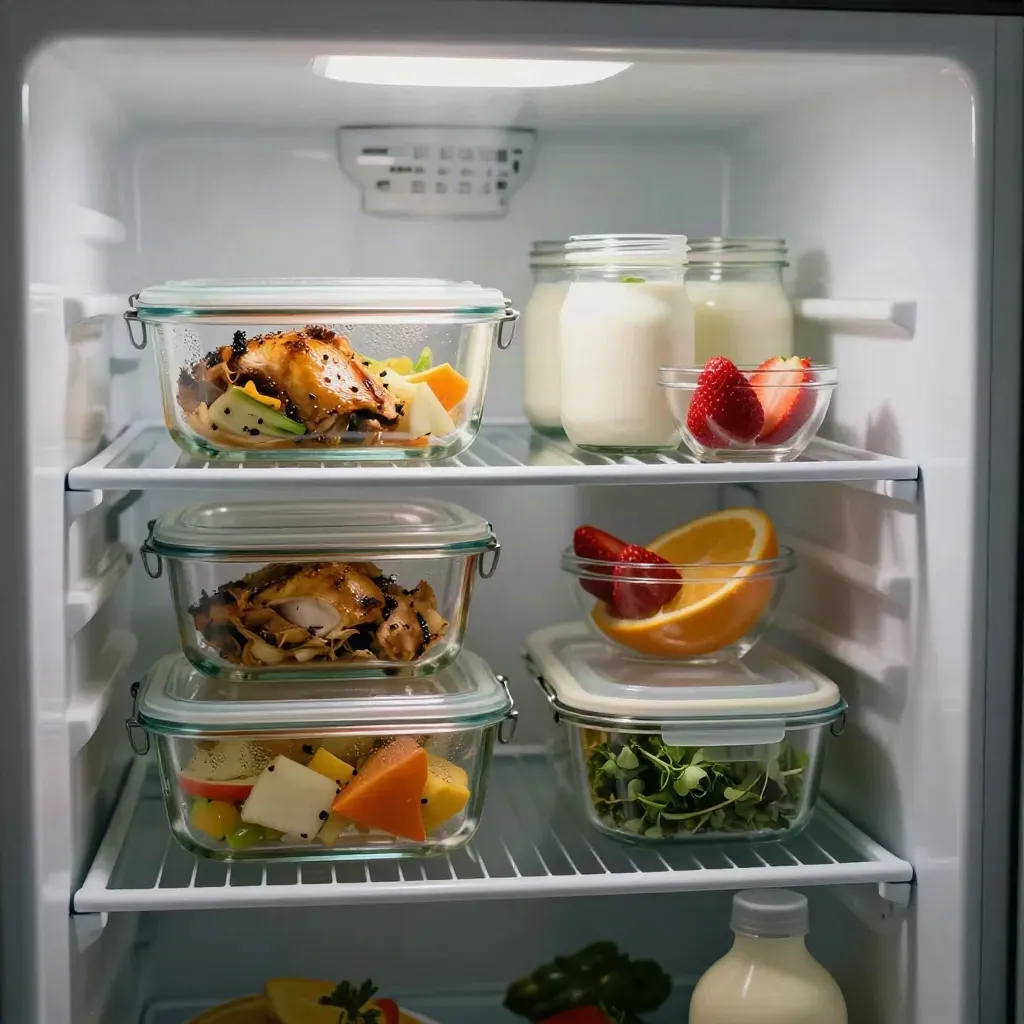 Open fridge shelf with meal prep containers, fruit, yogurt jars, and lunch boxes