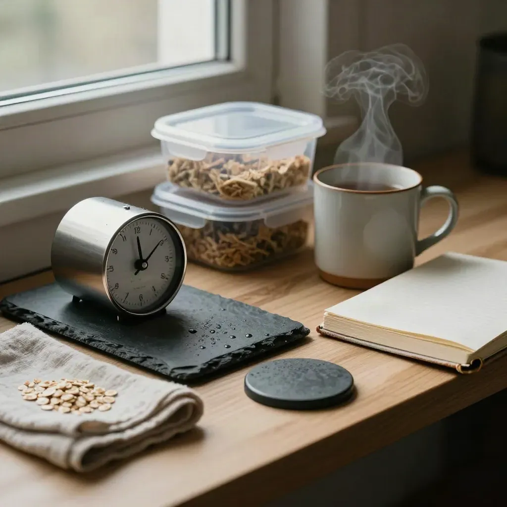 Steam rises over meal containers, tea tray, timer, and closed notebooks in a calm reset corner.