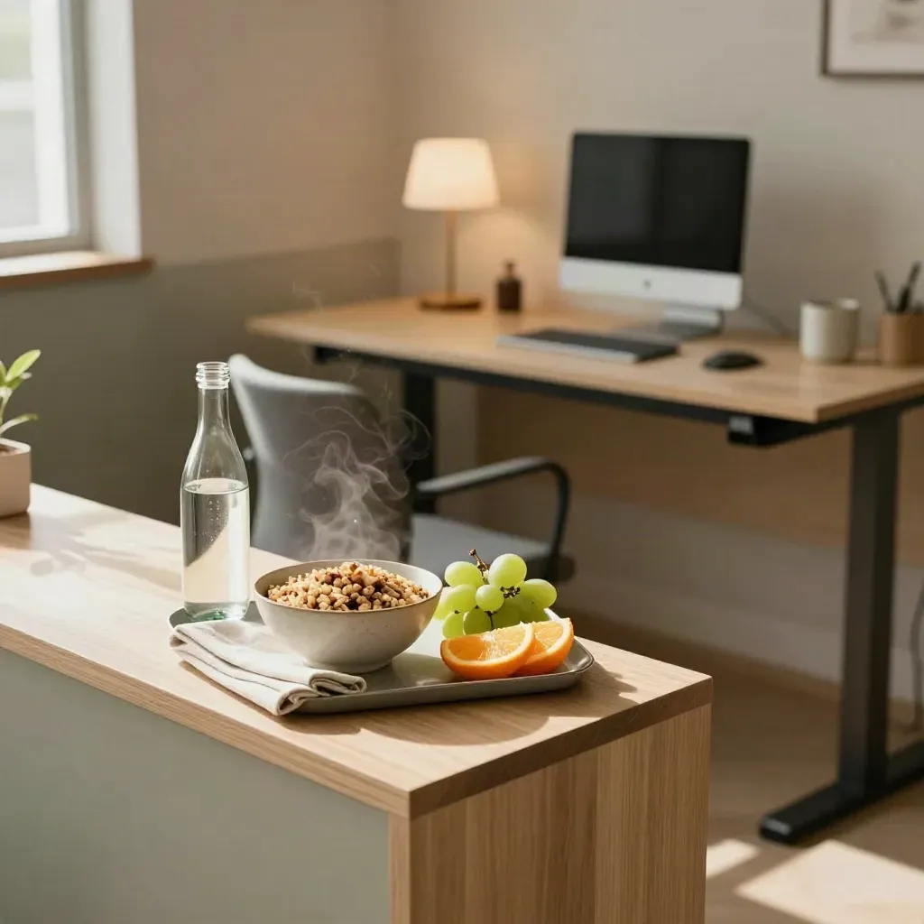 Healthy lunch tray beside a tidy standing desk in warm afternoon light.