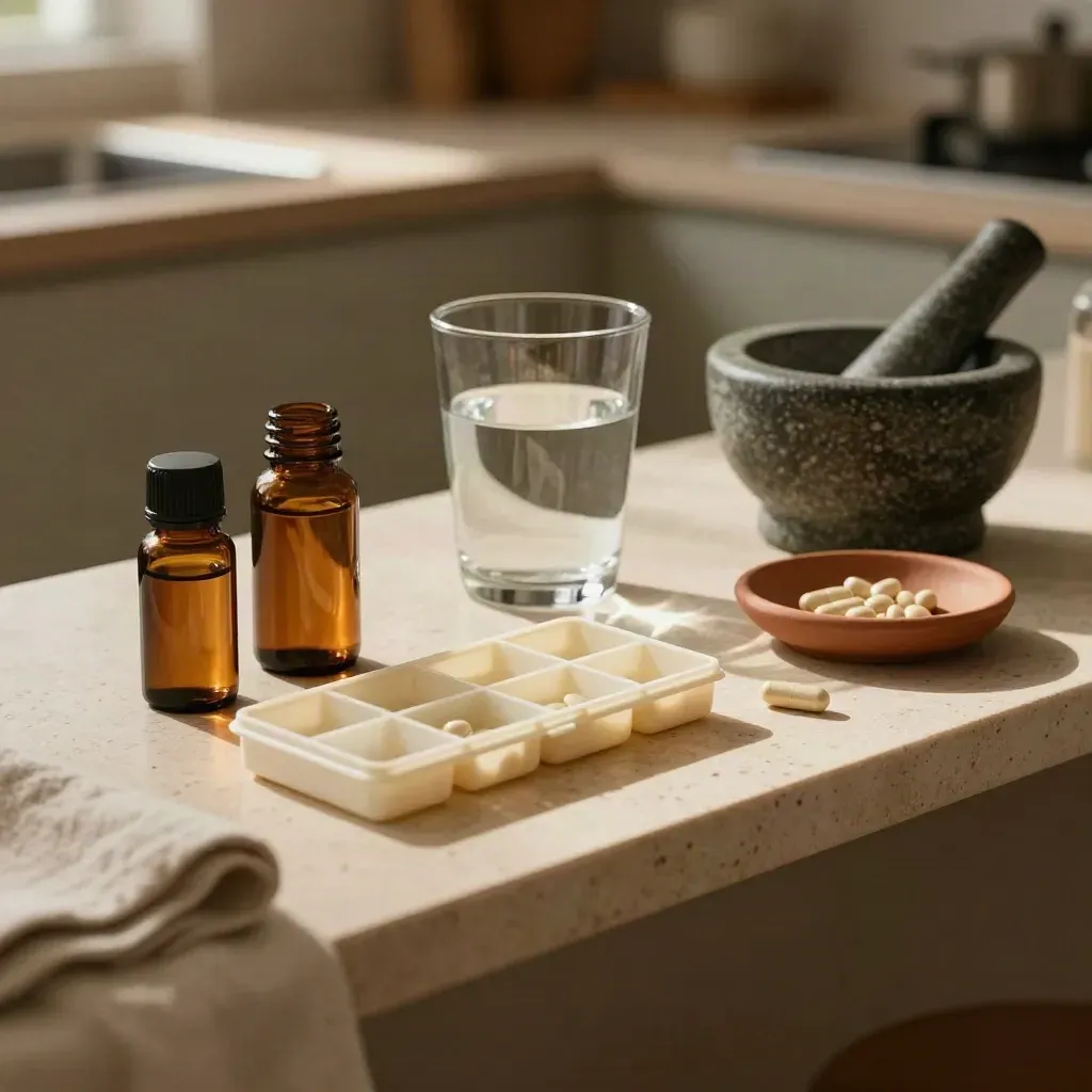 Amber supplements, pill case, water glass and mortar on a pale stone shelf in warm window light.