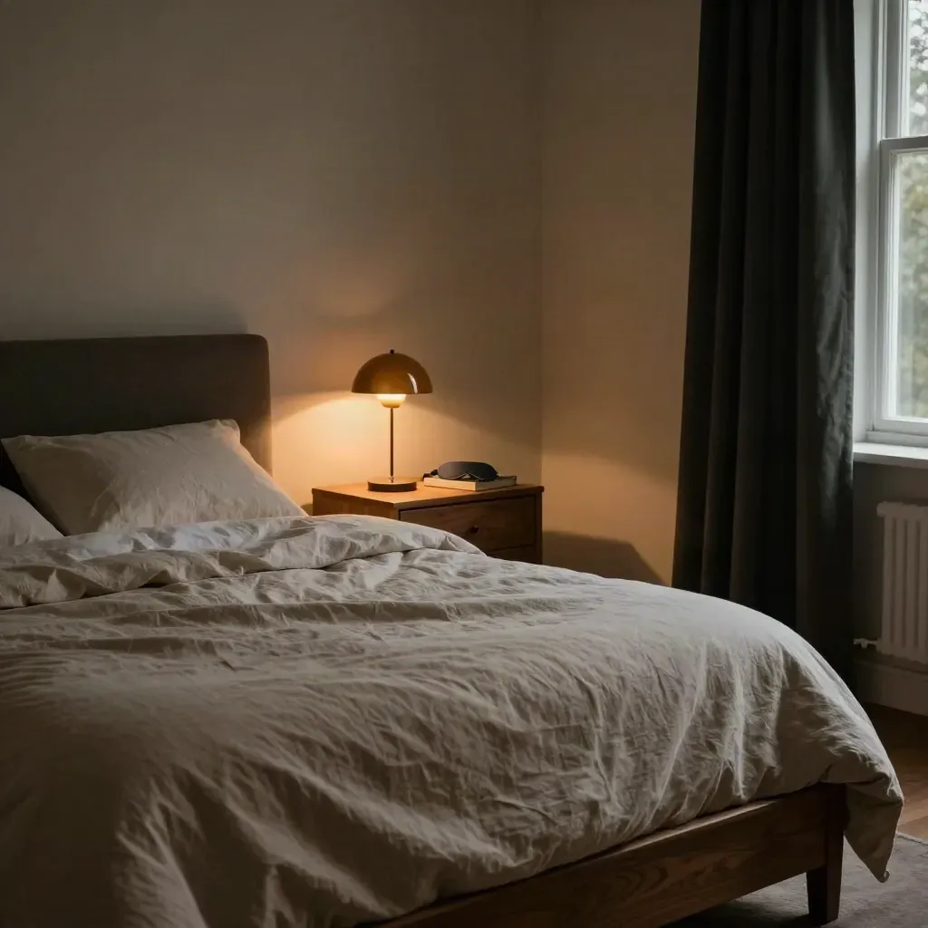 Moody bedroom corner with linen bedding, lamp, sleep mask, book and half-drawn curtains at dusk