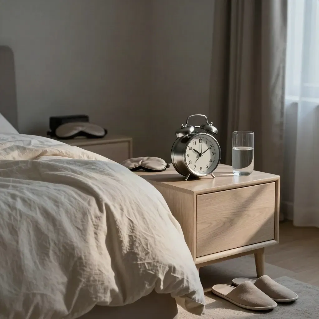 Serene bedroom set for earlier sleep, with alarm clock, slippers, and layered bedding.