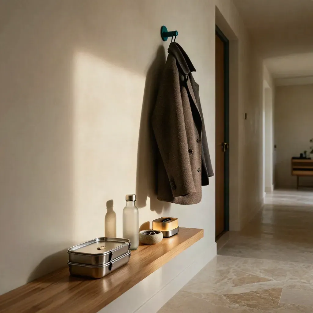 Organized hallway entry with lunch container, water bottle, keys bowl, charger, and jacket hook in morning light
