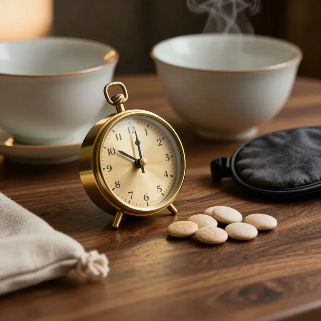Brass timer, tea bowl, sleep mask and habit tokens on walnut in warm macro light