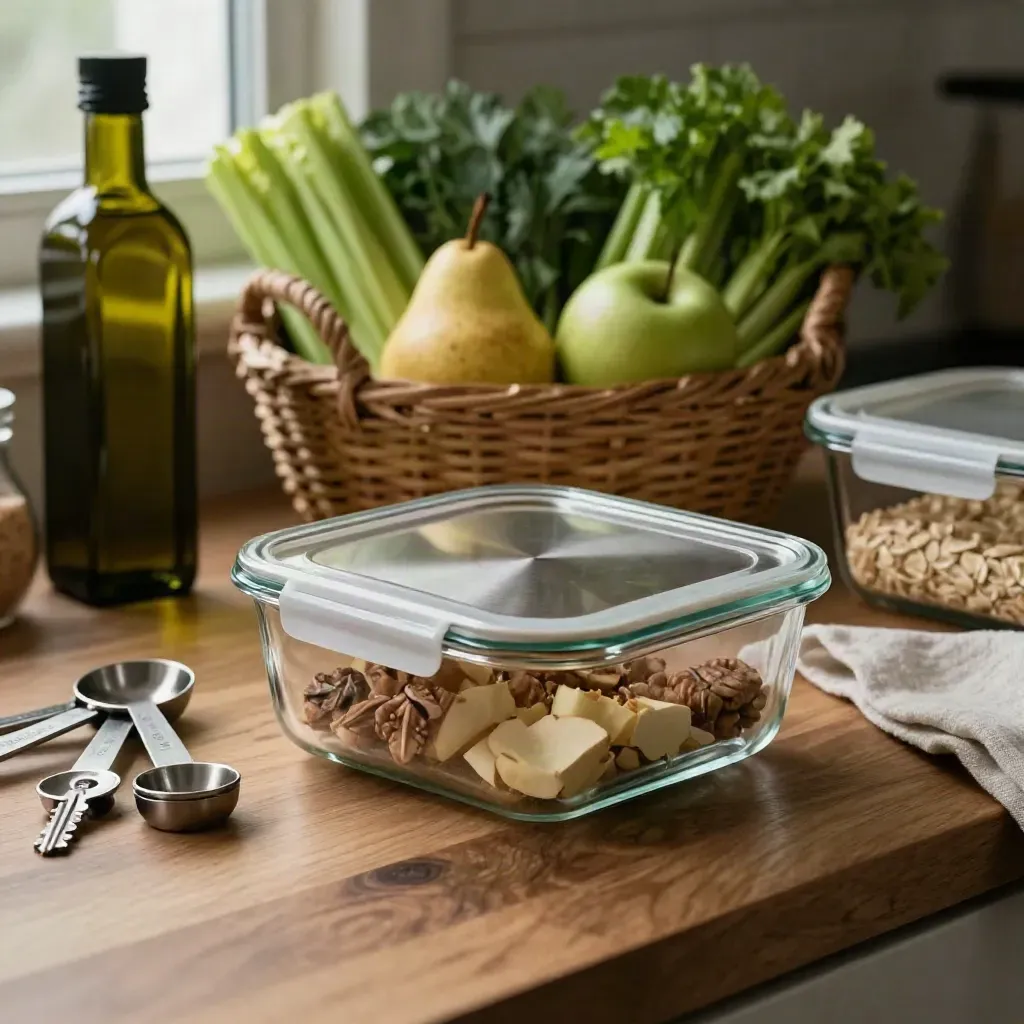 Glass meal-prep containers, spoons, produce basket, and olive oil on a butcher-block counter.