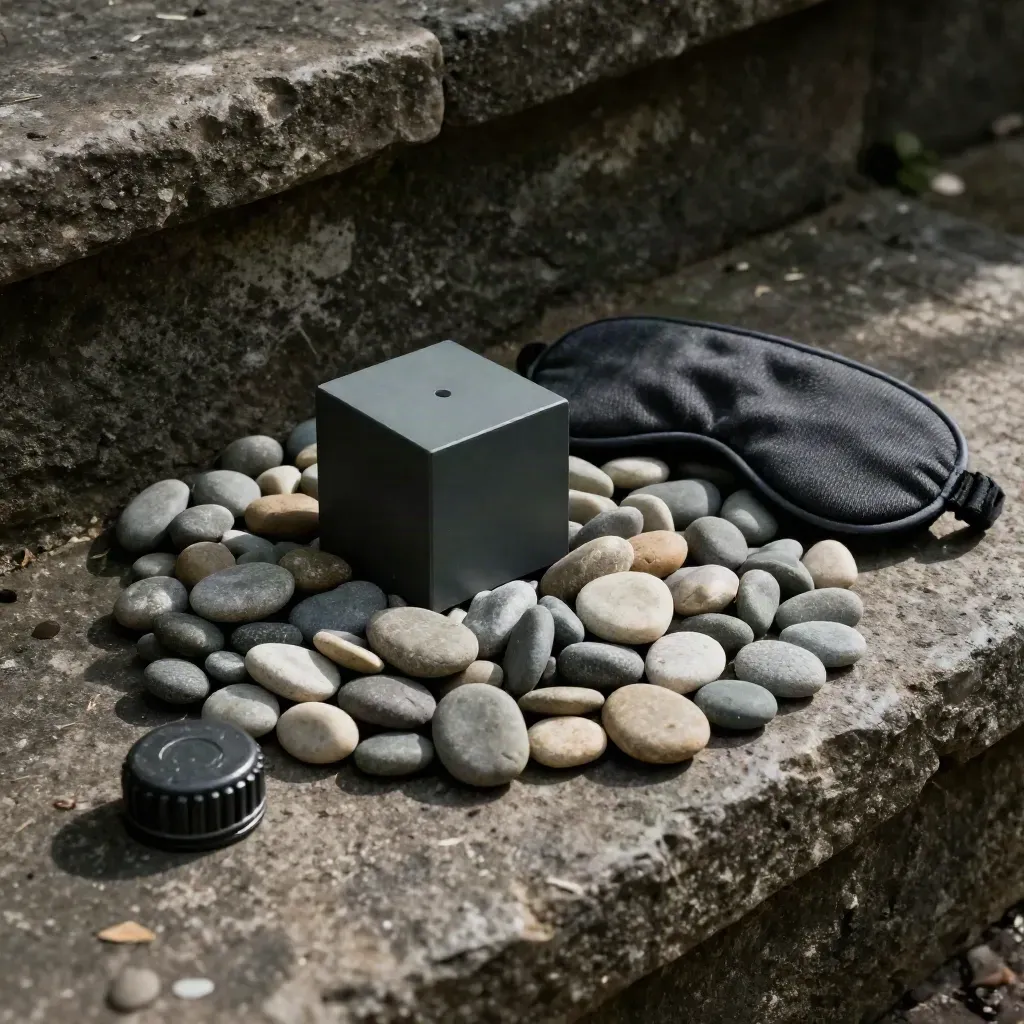 Close-up of habit-coach tools on rough stone: pebble dish, timer cube, sleep mask, bottle cap.