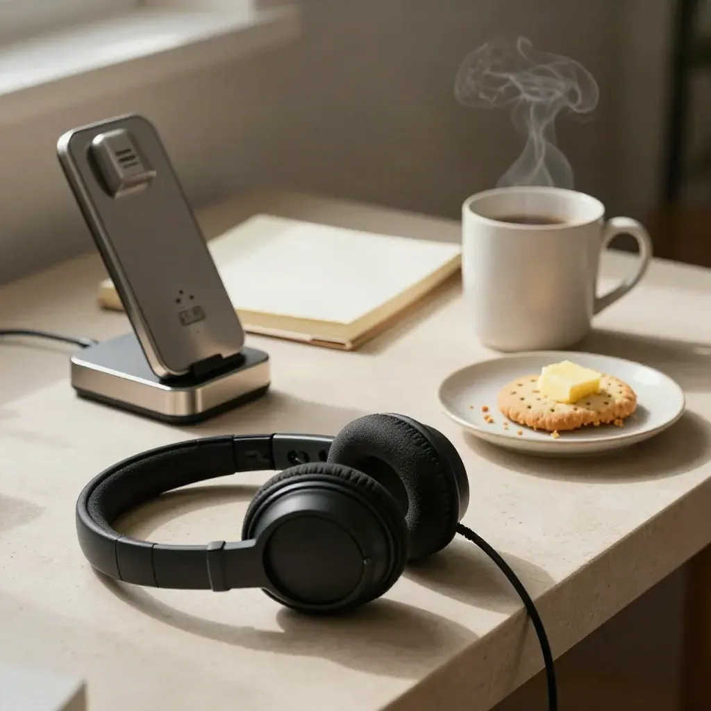 Steaming mug, headset, phone dock, notebook, and snack plate on a pale stone sideboard.