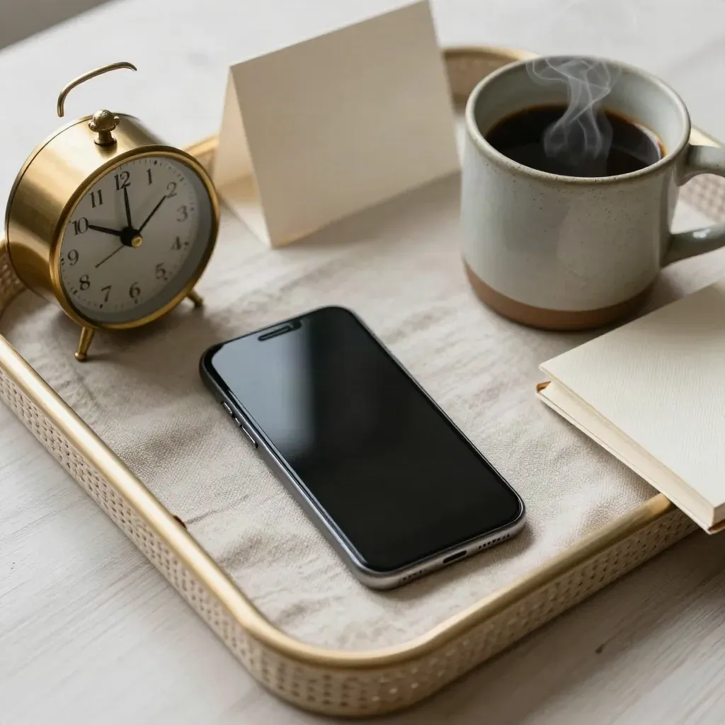 Face-down phone with clock, mug and notebook on a linen tray beside a booking card.