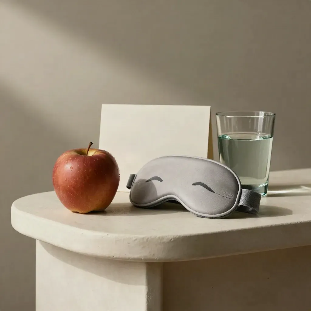 Apple, sleep mask, resistance band, and water glass on a stone tray in soft light.