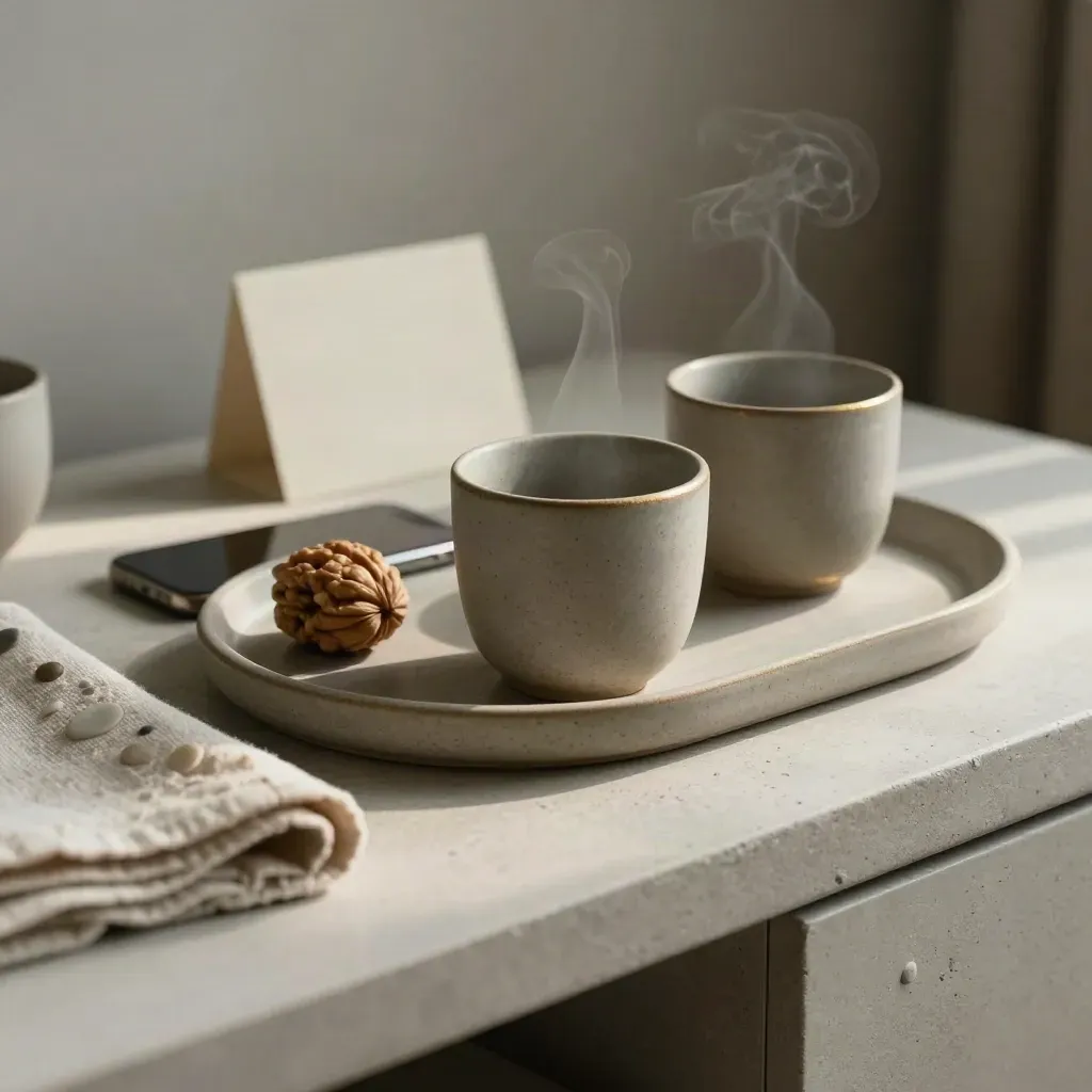 Ceramic wellness tray with cups, timer cube, phone, pebbles and linen cloth in soft side light